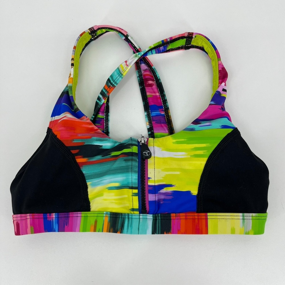 Trina Turk Women Small Abstract Multi-Color Front Zip Racerback Sports Bra